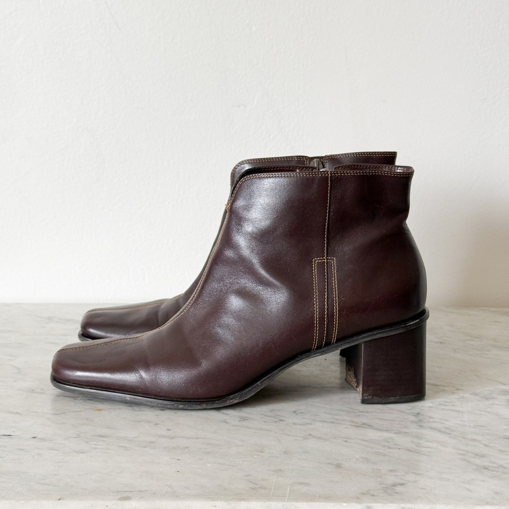 Bass‎ Vintage 90s Brown Leather Square Toe Block Heel Ankle Boots Womens 10M